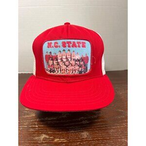 Vintage N.C. State Red Mesh Trucker Hat With Team Photo Patch By Wilson X3